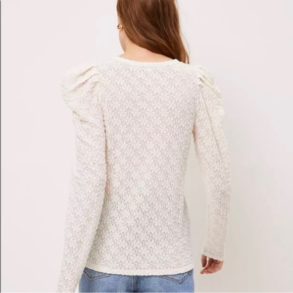 Ann Taylor LOFT Floral Lace Pleated Puff Sleeve Crinkle White Top - Picture 3 of 5